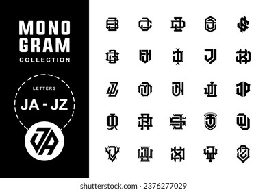 Monogram collection letter JA until JZ with interlock, recline, modern, vintage, classic style good for brand, clothing, apparel, streetwear, baseball, basketball, football and etc