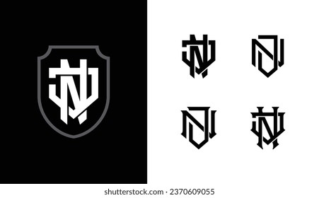 Monogram collection letter JN or NJ with shield, interlock style good for brand, clothing, apparel, streetwear, baseball, basketball, football and etc