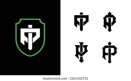 Monogram collection letter PI or IP with shield, interlock, modern style good for brand, clothing, apparel, streetwear, baseball, basketball, football and etc