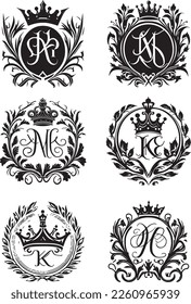 monogram, a combination of letters in the form of a coat of arms with a crown and a wreath, suitable for logos, design of wedding invitations and a family sign