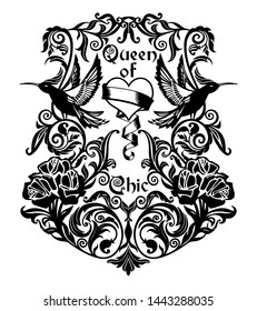 monogram composition with  roses flowers and birds.artwork for tattoo, fabrics, souvenirs, postcards, clothes, T-shirt