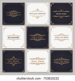 Monogram creative cards template with beautiful flourishes ornament elements. Elegant design for corporate identity, logo, invitation. Design of background products.