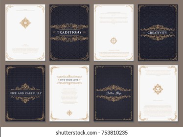 Monogram Creative Cards Template With Beautiful Flourishes Ornament Elements. Elegant Design For Corporate Identity, Logo, Invitation. Design Of Background Products.