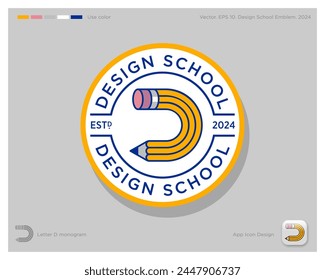 Monogram D in the form of a bent pencil. Design school emblem. Design studio icon. Monogram D.
