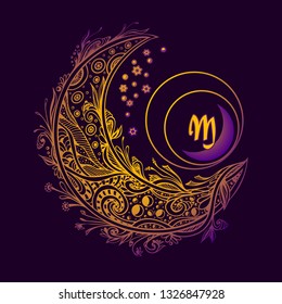 Monogram  with Decorative Moon or Crescent in lilac violet gold. Symbol of  Magic or Esoteric or Wonderland  or occultism. For decoration different things