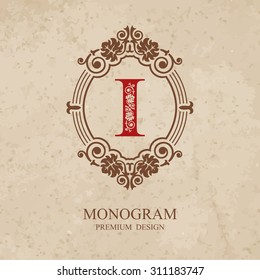 Monogram design elements, Calligraphic graceful template, Letter emblem I, Elegant line art logo, Business sign for Royalty, Boutique, Cafe, Hotel, Heraldic, Jewelry, Wine, Vector Eps 10