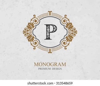 Monogram design elements, Calligraphic graceful template, Letter emblem P, Elegant line art logo, Business sign for Royalty, Boutique, Cafe, Hotel, Heraldic, Jewelry, Wine, Vector Eps 10