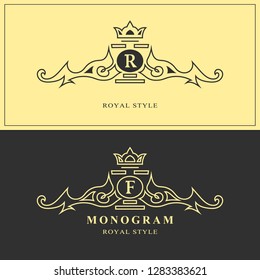 Monogram design elements, graceful template. Calligraphic elegant line art logo design. Letter emblem R, F sign for Royalty, business card, Boutique, Hotel, Restaurant, wine. Vector illustration