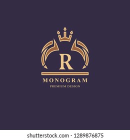 Monogram design elements, graceful template. Calligraphic elegant line art logo design. Capital Letter emblem sign R for Royalty, business card, Boutique, Hotel, Heraldic, Jewelry. Vector illustration