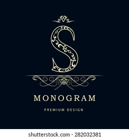 Monogram design elements, graceful template. Calligraphic elegant line art logo design. Letter S. Business sign for Royalty, Boutique, Cafe, Hotel, Heraldic, Jewelry, Wine. Vector illustration