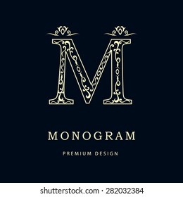 Monogram design elements, graceful template. Calligraphic elegant line art logo design. Letter M. Business sign for Royalty, Boutique, Cafe, Hotel, Heraldic, Jewelry, Wine. Vector illustration