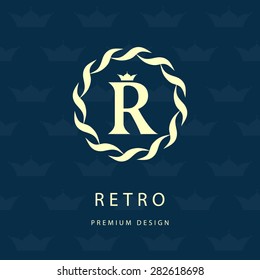 Monogram design elements, graceful template. Calligraphic elegant line art logo design. Letter R. Vintage Insignia or Logotype. Business sign, identity, label, badge, Cafe, Hotel. Vector illustration