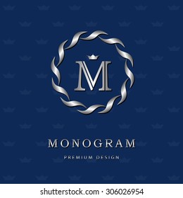 Monogram design elements, graceful template. Elegant line art logo design. Letter emblem M. Retro Vintage Insignia or Logotype. Business sign, identity, label, badge, Cafe, Hotel. Vector illustration