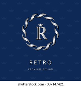 Monogram design elements, graceful template. Elegant line art logo design. Letter emblem R. Retro Vintage Insignia or Logotype. Business sign, identity, label, badge, Cafe, Hotel. Vector illustration