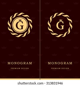 Monogram design elements, graceful template. Letter emblem sign G. Calligraphic elegant line art logo design for business cards, Royalty, Boutique, Cafe, Hotel, Heraldic, Jewelry. Vector illustration