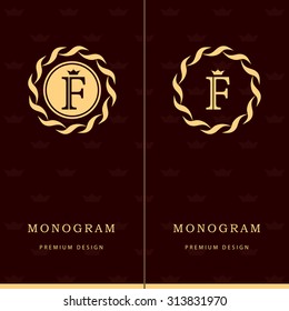 Monogram design elements, graceful template. Letter emblem sign F. Calligraphic elegant line art logo design for business cards, Royalty, Boutique, Cafe, Hotel, Heraldic, Jewelry. Vector illustration