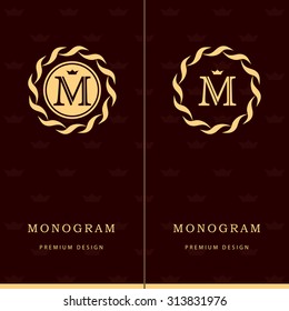 Monogram design elements, graceful template. Letter emblem sign M. Calligraphic elegant line art logo design for business cards, Royalty, Boutique, Cafe, Hotel, Heraldic, Jewelry. Vector illustration