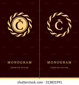 Monogram design elements, graceful template. Letter emblem sign C. Calligraphic elegant line art logo design for business cards, Royalty, Boutique, Cafe, Hotel, Heraldic, Jewelry. Vector illustration