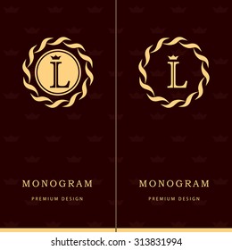 Monogram design elements, graceful template. Letter emblem sign L. Calligraphic elegant line art logo design for business cards, Royalty, Boutique, Cafe, Hotel, Heraldic, Jewelry. Vector illustration