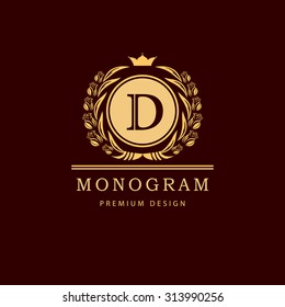 Monogram design elements, graceful template. Calligraphic elegant line art logo design. Letter emblem sign D for Royalty, business card, Boutique, Hotel, Restaurant, Cafe, Jewelry. Vector illustration