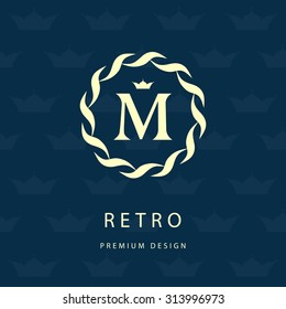 Monogram design elements, graceful template. Elegant line art logo design. Letter emblem M. Retro Vintage Insignia or Logotype. Business sign, identity, label, badge, Cafe, Hotel. Vector illustration