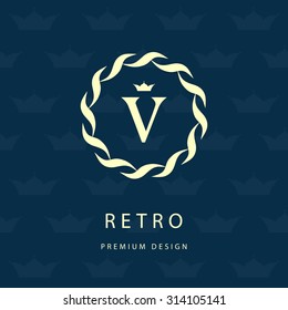 Monogram design elements, graceful template. Elegant line art logo design. Letter emblem V. Retro Vintage Insignia or Logotype. Business sign, identity, label, badge, Cafe, Hotel. Vector illustration