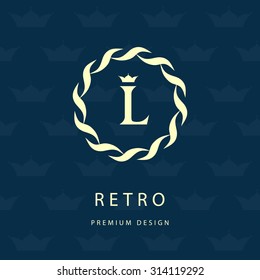 Monogram design elements, graceful template. Elegant line art logo design. Letter emblem L. Retro Vintage Insignia or Logotype. Business sign, identity, label, badge, Cafe, Hotel. Vector illustration