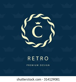 Monogram design elements, graceful template. Elegant line art logo design. Letter emblem C. Retro Vintage Insignia or Logotype. Business sign, identity, label, badge, Cafe, Hotel. Vector illustration