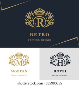 Monogram design elements, graceful template. Calligraphic elegant line art logo design. Letter emblem sign R, M, H for Royalty, business card, Boutique, Hotel, Heraldic, Jewelry. Vector illustration