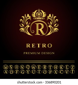 Monogram design elements, graceful template. Elegant line art logo design. Business gold emblem letter R for Restaurant, Royalty, Boutique, Cafe, Hotel, Heraldic, Jewelry, Fashion. Vector illustration