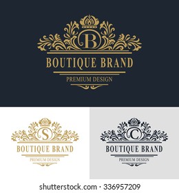 Monogram Design Elemente, würdevolle Vorlage. Kalligrafische elegante Linie Art Logo Design. Buchstabenzeichen B, S, C für Royalty, Visitenkarte, Boutique, Hotel, Heraldic, Juwelier. Vektorgrafik