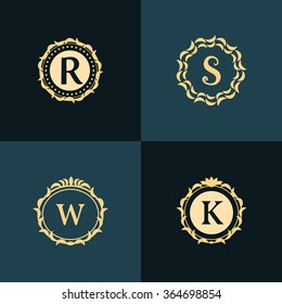 Monogram design elements, graceful template. Elegant line art logo design. Emblem Letter R, S, W, K. Retro Vintage Insignia or Logotype. Business sign, identity, label, badge, Cafe, Hotel. Vector