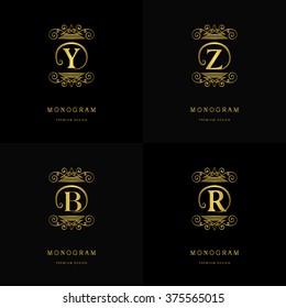 Monogram design elements, graceful template. Calligraphic elegant line art logo design. Letter emblem sign Y, Z, B, R for Royalty, business card, Boutique, Hotel, Cafe, Jewelry. Vector illustration