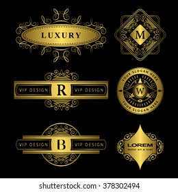 Elementos de diseño monograma plantilla elegante. Diseño de logotipo de línea elegante caligráfica. Letra Gold emblema B, W, R, M para la realeza, tarjeta de visita, Boutique, Hotel, Heraldic, Joyería. Ilustración del vector