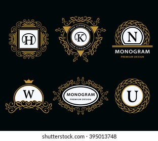 Monogram design elements graceful template. Calligraphic elegant line art logo design. Letter emblem H, K, N, W, U for Royalty, business card, Boutique, Hotel, Heraldic, Jewelry. Vector illustration