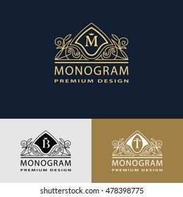 Monogram design elements, graceful template. Elegant line art logo design. Beautiful frame. Emblem letter M. B, T for Restaurant, Web design, Boutique, Hotel, Heraldic, Jewelry. Vector illustration
