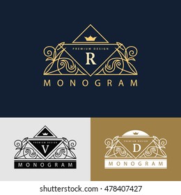 Monogram design elements, graceful template. Elegant line art logo design. Beautiful frame. Emblem letter R. V, D for Restaurant, Web design, Boutique, Hotel, Heraldic, Jewelry. Vector illustration