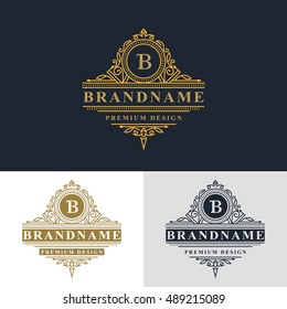 Monogram design elements, graceful template. Elegant line art logo design. Beautiful frame. Gold Emblem letter B for Restaurant, Web design, Boutique, Hotel, Heraldic, Jewelry. Vector illustration