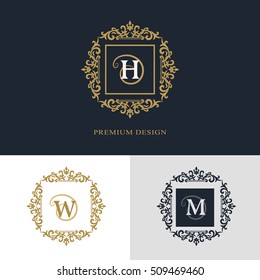 Monogram design elements, graceful template. Calligraphic elegant line art logo design. Letter emblem sign H, W, M for Royalty, business card, Boutique, Hotel, Heraldic, Jewelry. Vector illustration