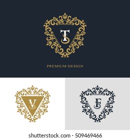 Monogram design elements, graceful template. Calligraphic elegant line art logo design. Letter emblem sign T, V, F for Royalty, business card, Boutique, Hotel, Heraldic, Jewelry. Vector illustration