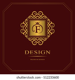 Monogram design elements, graceful template. Calligraphic elegant line art logo design. Gold Letter emblem sign F for Royalty, business card, Boutique, Hotel, Heraldic, Jewelry. Vector illustration