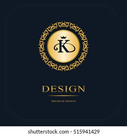 Monogram design elements, graceful template. Calligraphic elegant line art logo design. Letter emblem sign K for Royalty, business card, Boutique, Hotel, Heraldic, Jewelry. Vector illustration