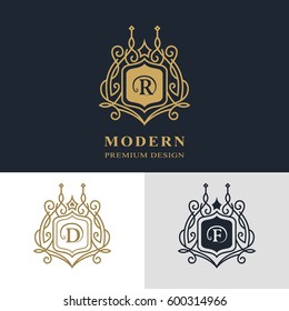 Monogram design elements, graceful template. Calligraphic elegant line art logo design. Letter emblem sign R, D, F for Royalty, business card, Boutique, Hotel, Heraldic, Jewelry. Vector illustration