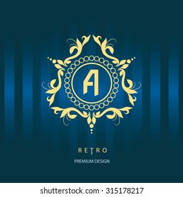 Monogram design elements. Letter A. Calligraphic elegant line art logo design. Vintage Insignia or Logotype. Business label, badge. Vector illustration