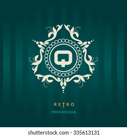 Monogram design elements. Letter Q. Calligraphic elegant line art logo design. Vintage Insignia or Logotype. Business label, badge. Vector illustration