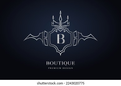 Monogram Design, Graceful Template. Letter B. Abstract Emblem with Bat wings. Elegant Art Logo Design. Coat of Arms Sign for Royalty, Business Card, Boutique, Hotel, Restaurant. Vector Illustration