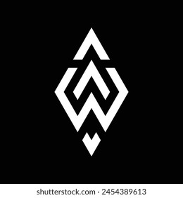 The monogram design is in the shape of a kite and forms the letters "a" and "w". white on a black background.