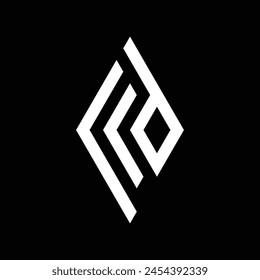 The monogram design is in the shape of a kite and forms the letters "r" and "d". white on a black background.