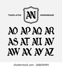 Monogram design template with combinations of capital letters AN AO AP AQ AR AS AT AU AV AW AX AY AZ. Vector illustration.