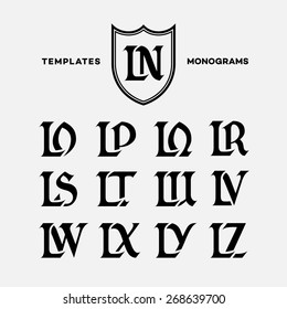 Monogram design template with combinations of capital letters LN LO LP LQ LR LS LT LU LV LW LX LY LZ. Vector illustration.
